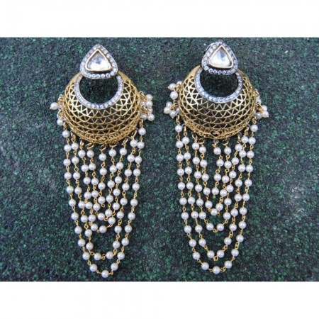 Filigree Chand Bali Earrings with Dangling Pearl Chains